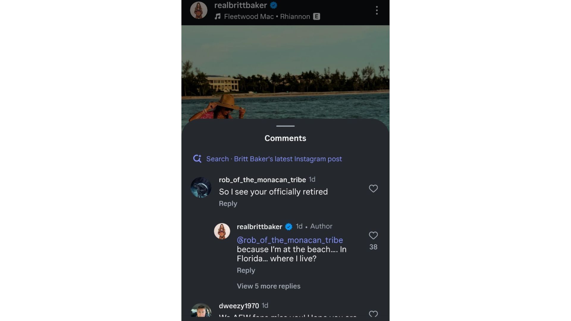 Britt Baker&#039;s comment refuting claims of her retirement [Source: Instagram]