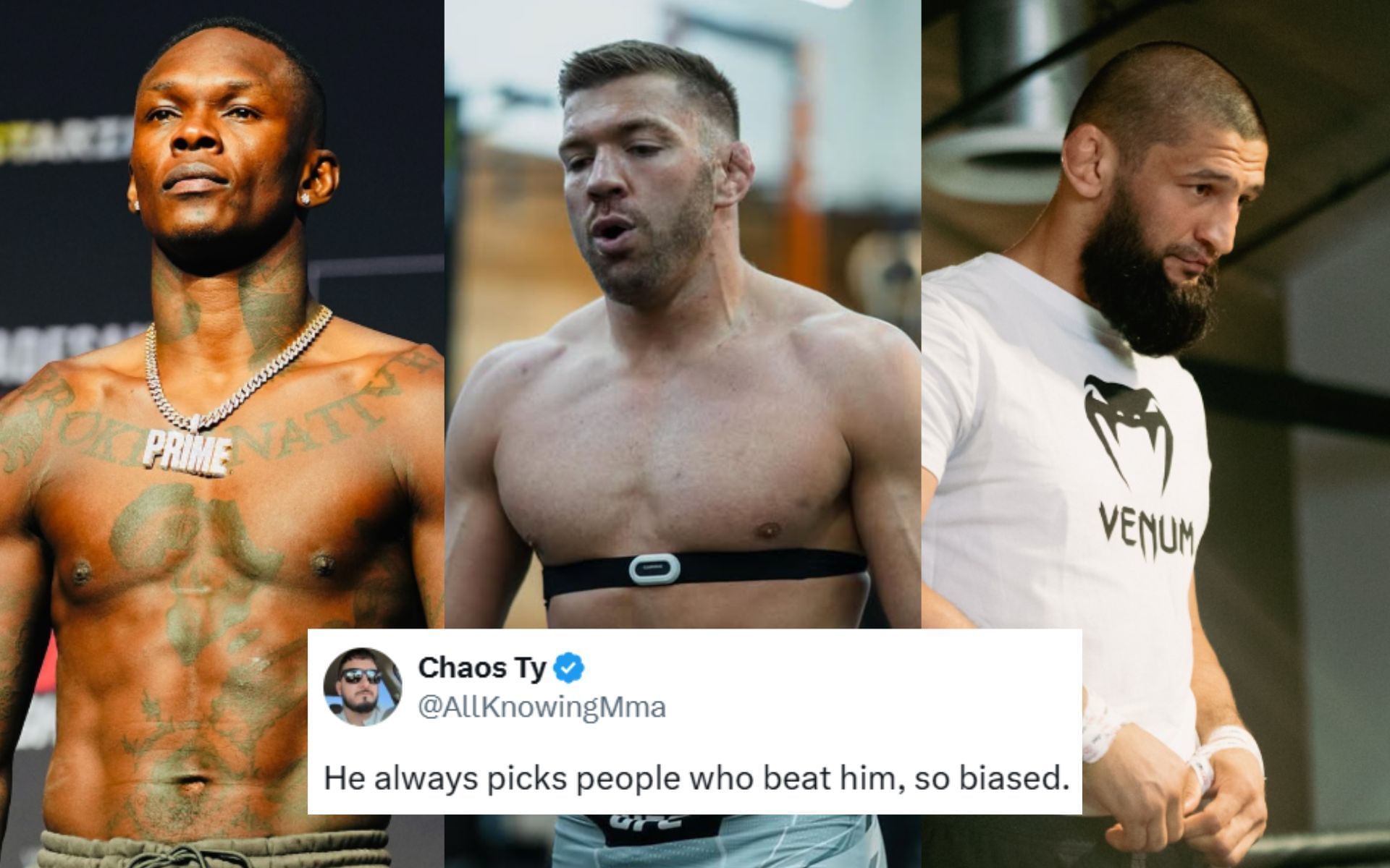 Israel Adesanya (left) laid out two scenarios in the Dricus du Plessis (center) vs. Khamzat Chimaev (right) fight. [Images courtesy: @stylebender, @dricusduplessis and @khamzat_chimaev on Instagram]