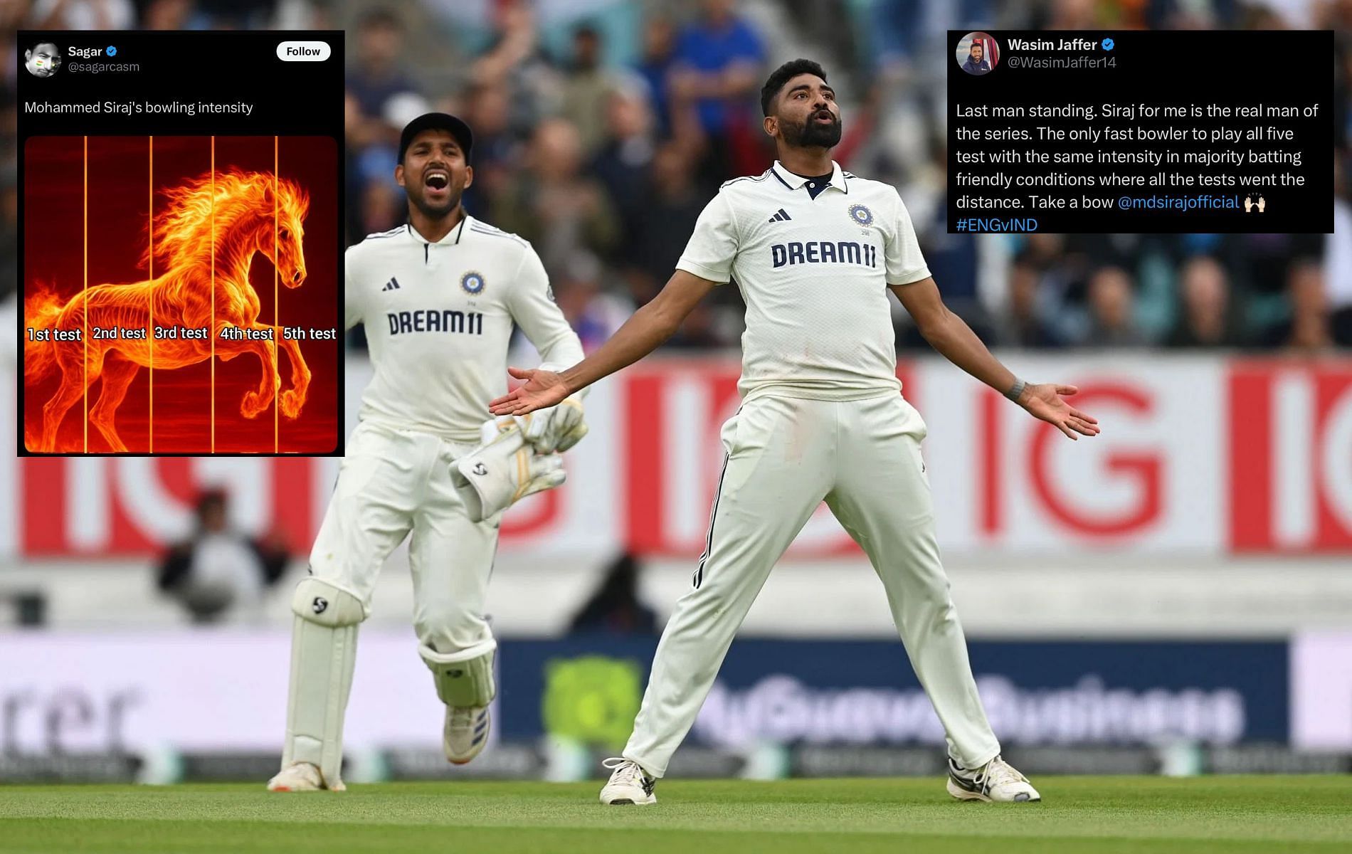 Mohammed Siraj was adjudged the Player of the Match in ENG vs IND 2025 5th Test. (Pics: Getty Images/X/@WasimJaffer14/@sagarcasm).