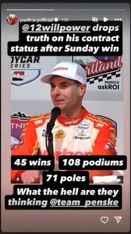 A snapshot of Paul Tracy's Instagram story (@paultracyofficial)