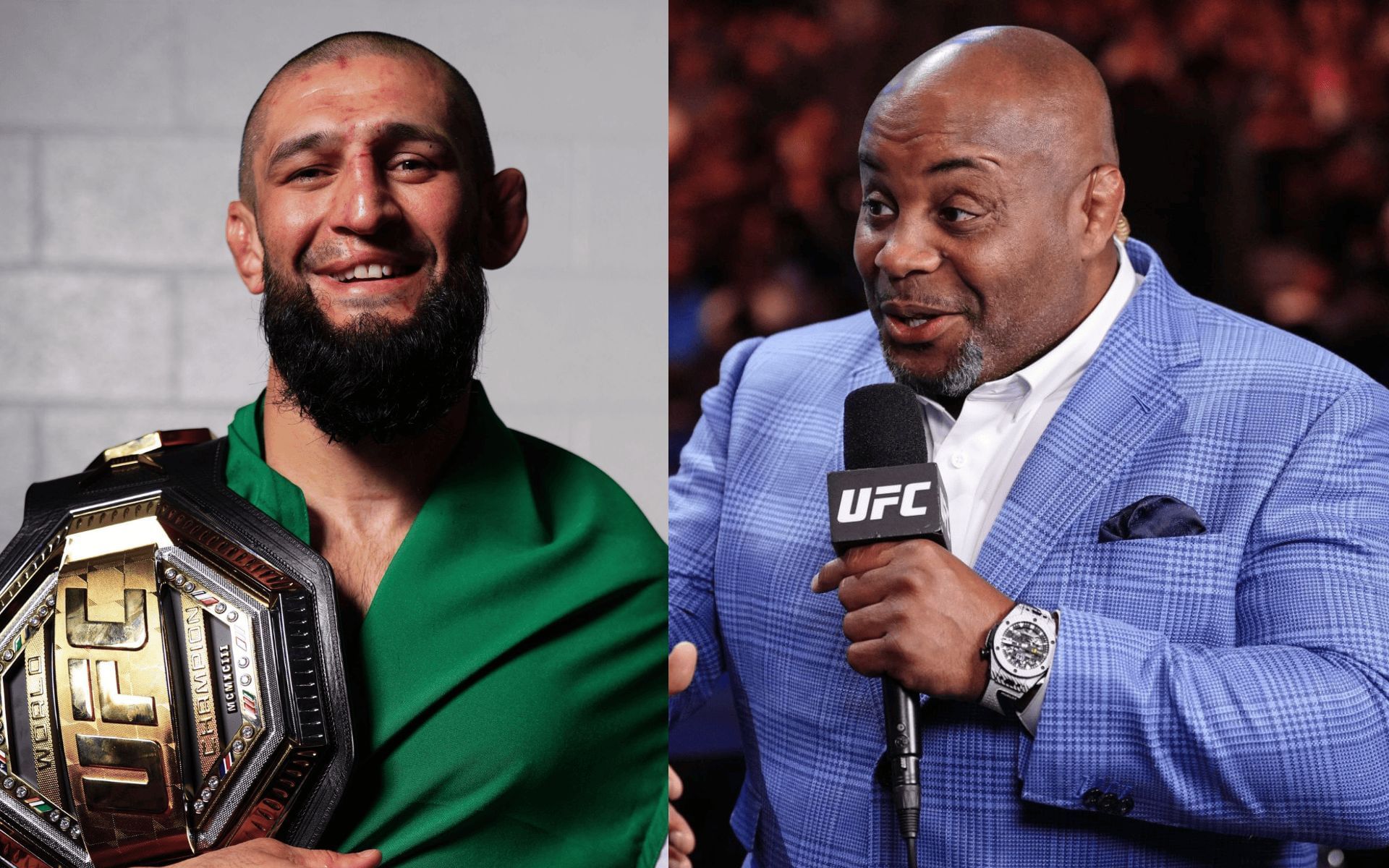 Khamzat Chimaev (left) had brief interaction with Daniel Cormier (right) following UFC 319 bout. [Images courtesy: Getty]