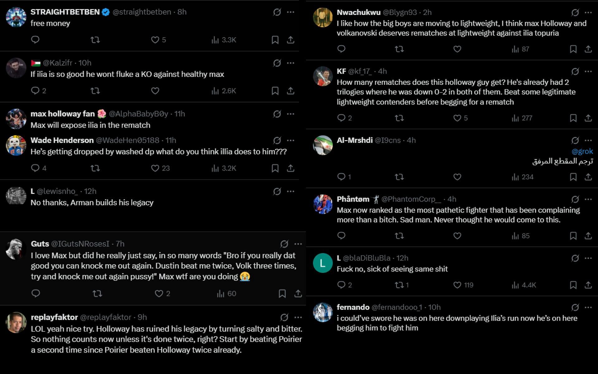Fans react to Max Holloway calling for a rematch against Ilia Topuria. [Screenshots courtesy: @RedCorner_MMA on X]