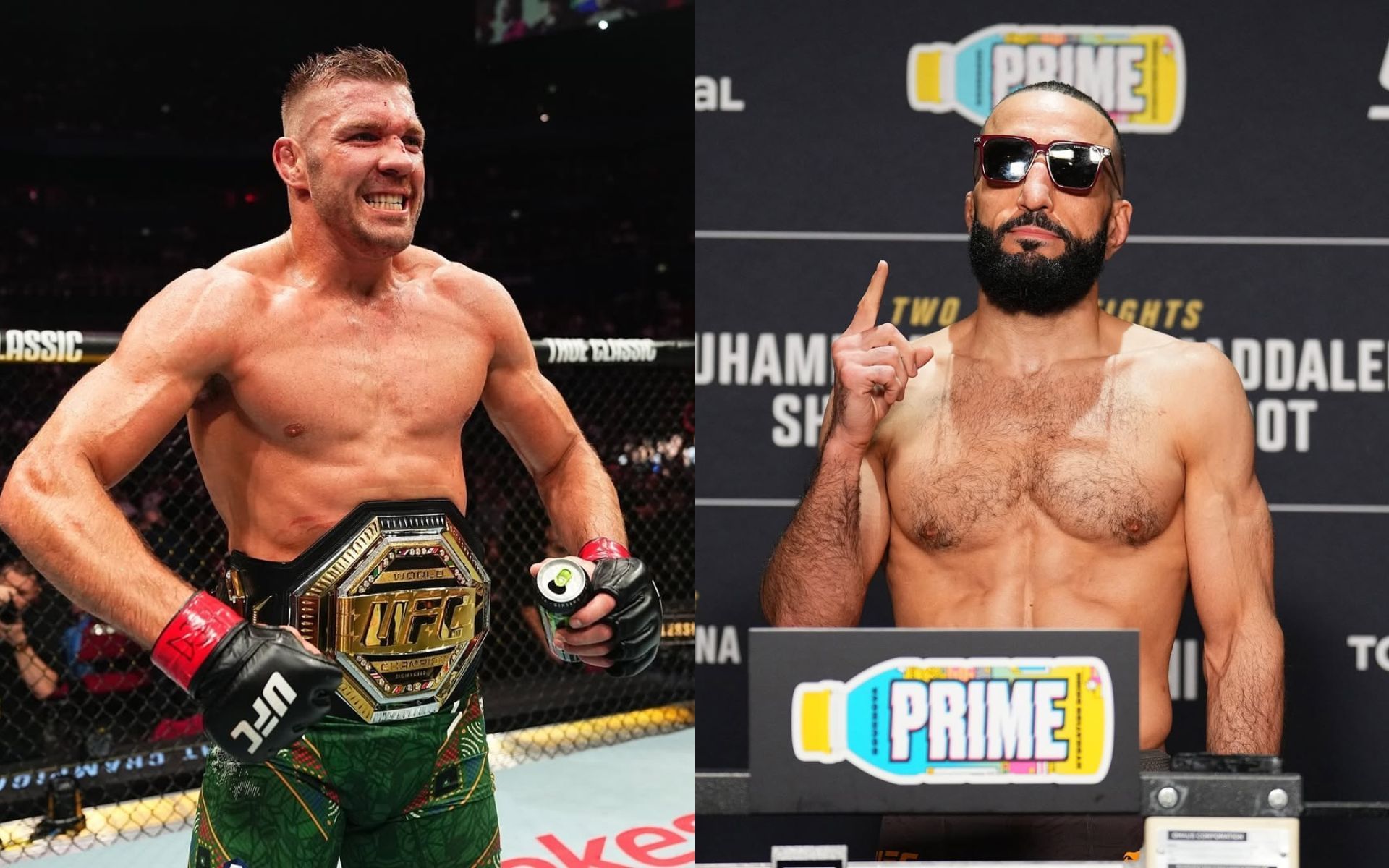 Dricus du Plessis (left) makes fun of Belal Muhammad (right). [Images courtesy: @ufcstore and @ufcespanol on Instagram]]