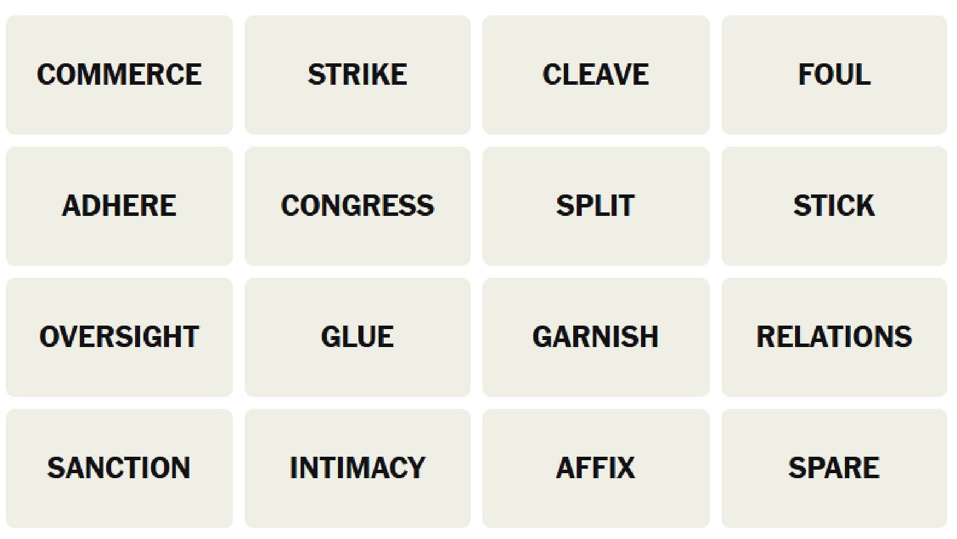 All words for the NYT Connections puzzle today (Image via The New York Times)