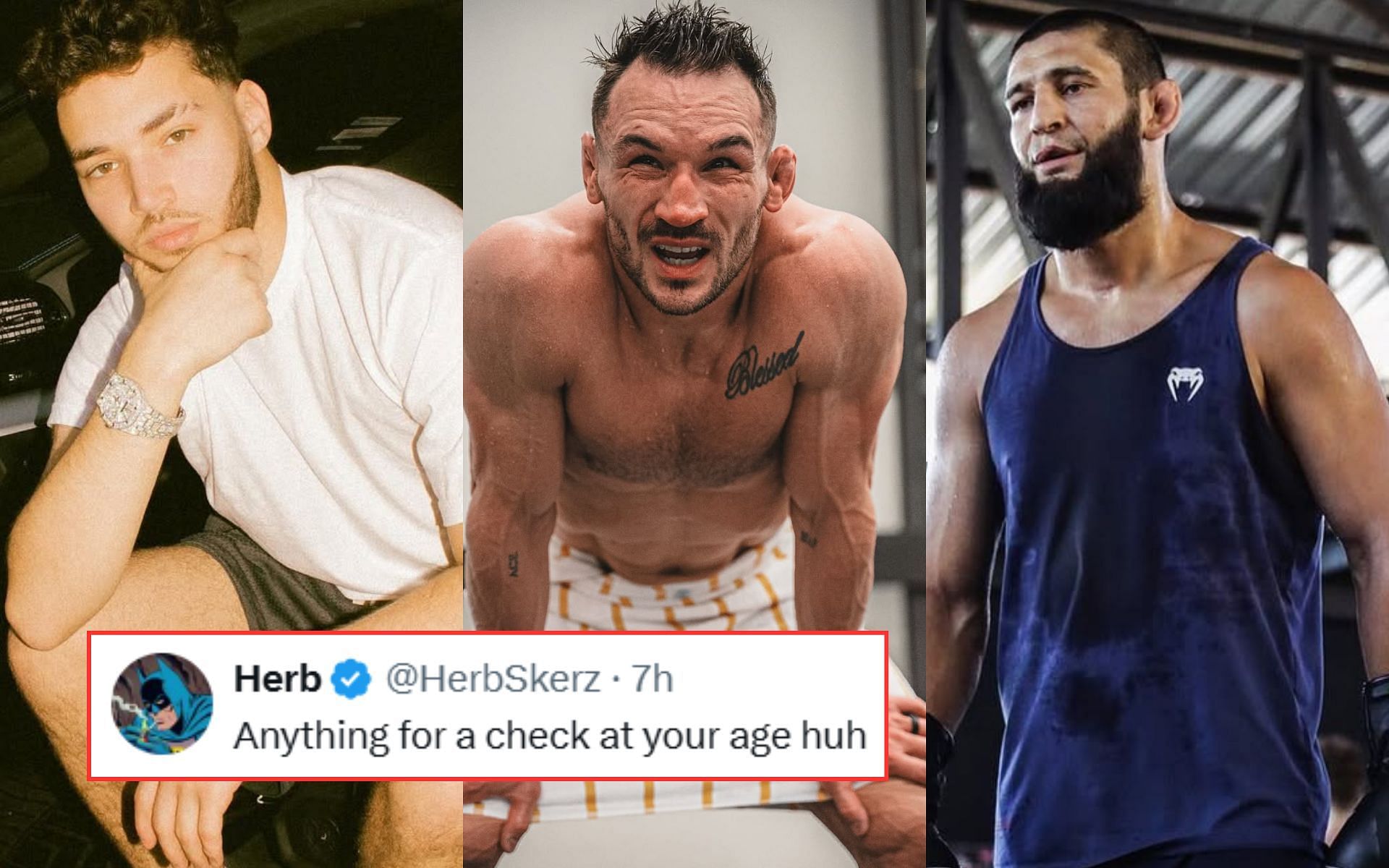 Adin Ross (left) offered by Michael Chandler (middle) to replace Khamzat Chimaev (right) on his stream. [Images courtesy: @adinross @mikechandlermma and @khamzat_chimaev on Instagram]