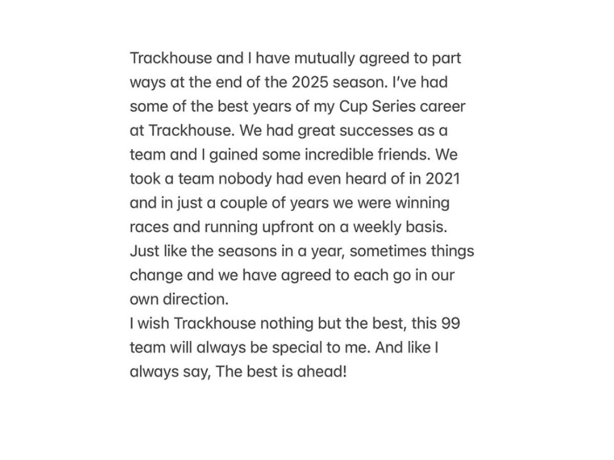 The No.99 driver&#039;s statement concerning departure from Trackhouse (Image via Instagram/ @daniel_suarezg)