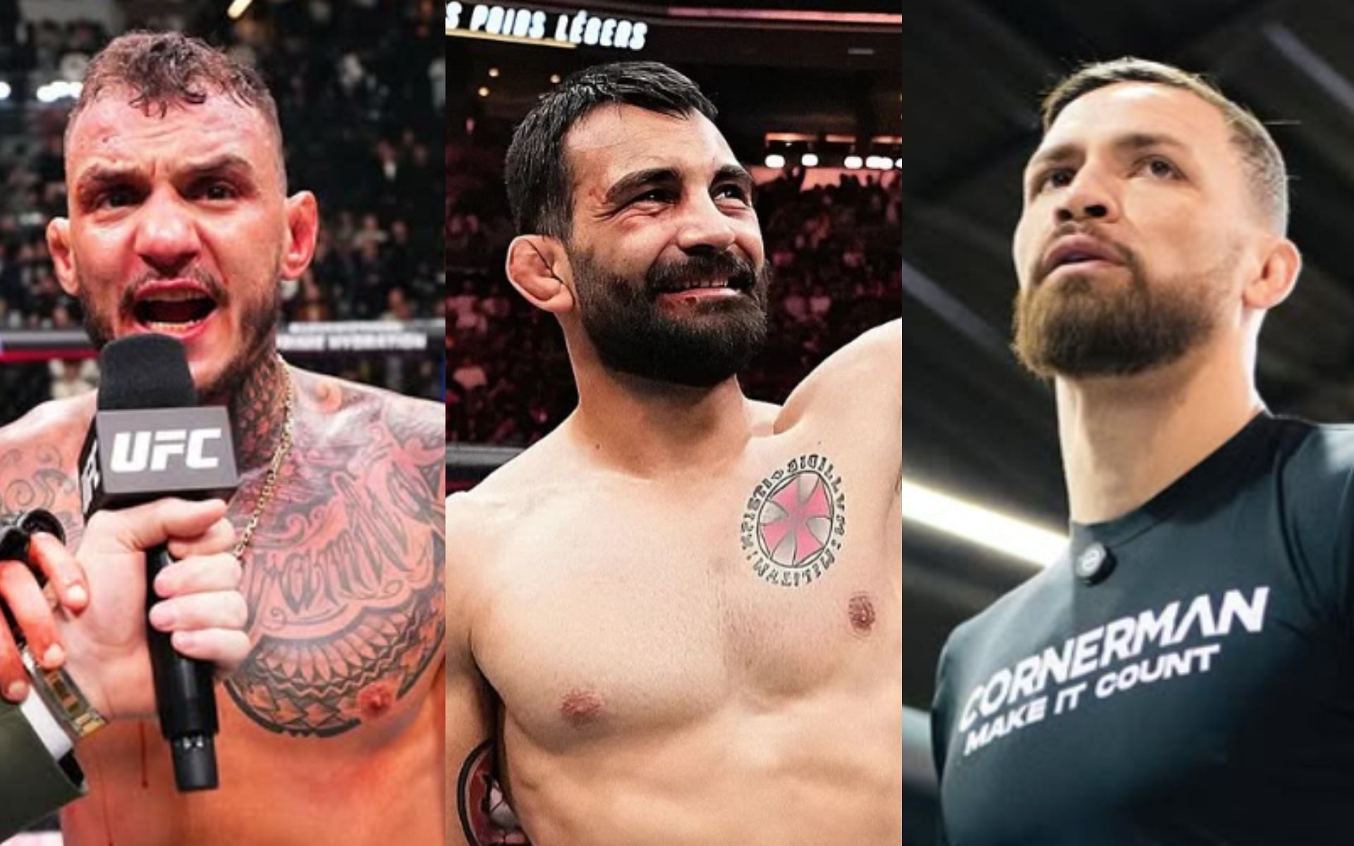 Renato Moicano (left) sees Benoit Saint Denis (center) vs. Mauricio Ruffy (right) being a one-sided contest. [Images courtesy: @renato_moicano_ufc, @benoitsaint_denis and @ruffy_mma on Instagram]