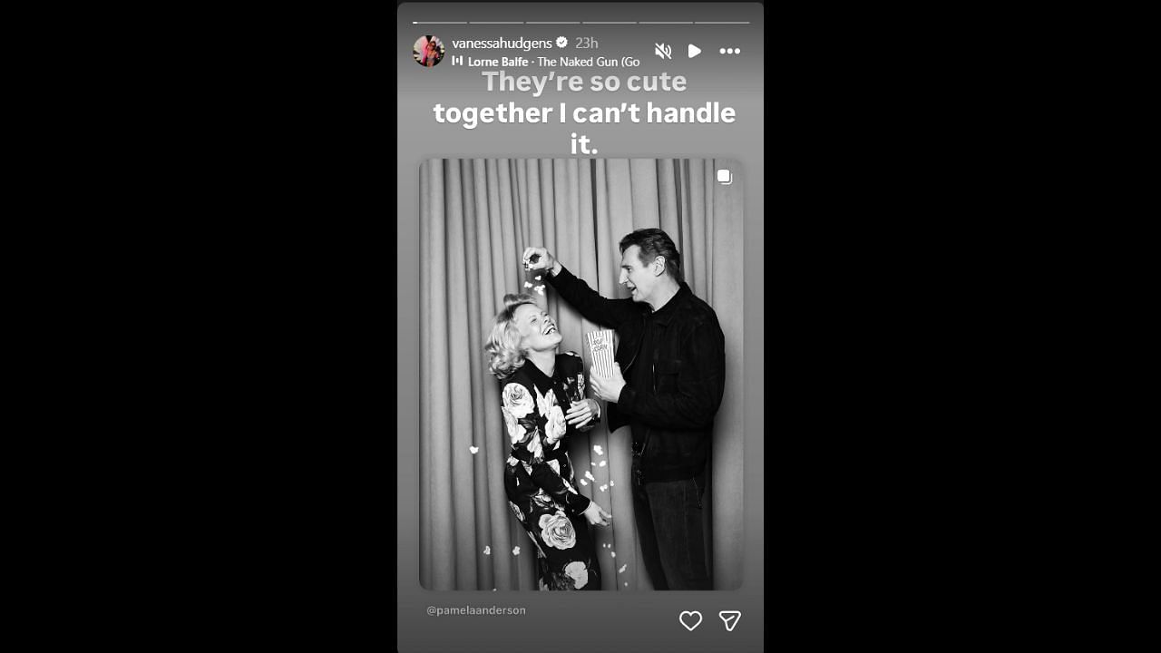 Screenshot of Hudgens&#039; Instagram Story featuring Liam Neeson and Pamela Anderson (Images from - Instagram.com/vanessahudgens IG Stories)
