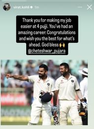 Virat Kohli's tribute to Cheteshwar Pujara (Image via Instagram-@virat.kohli)
