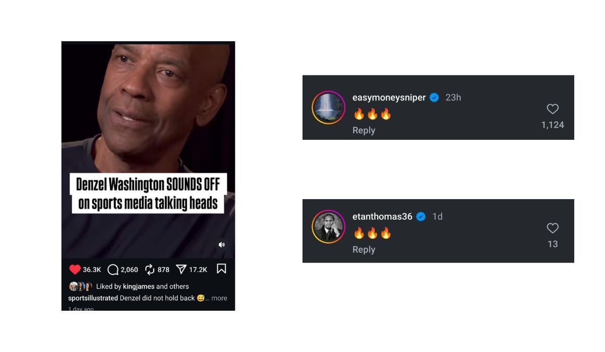LeBron James, Kevin Durant and Etan Thomas react to Denzel Washington&#039;s comments on the sports media (Source: Instagram/Sports Illustrated)