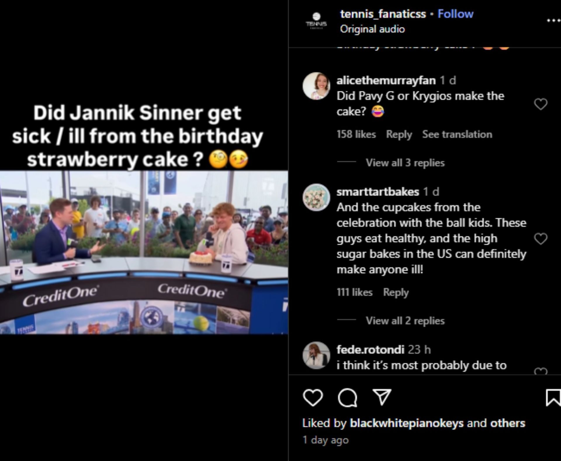 Fan comment about Sinner&#039;s health; Instagram - @tennis_fanaticss