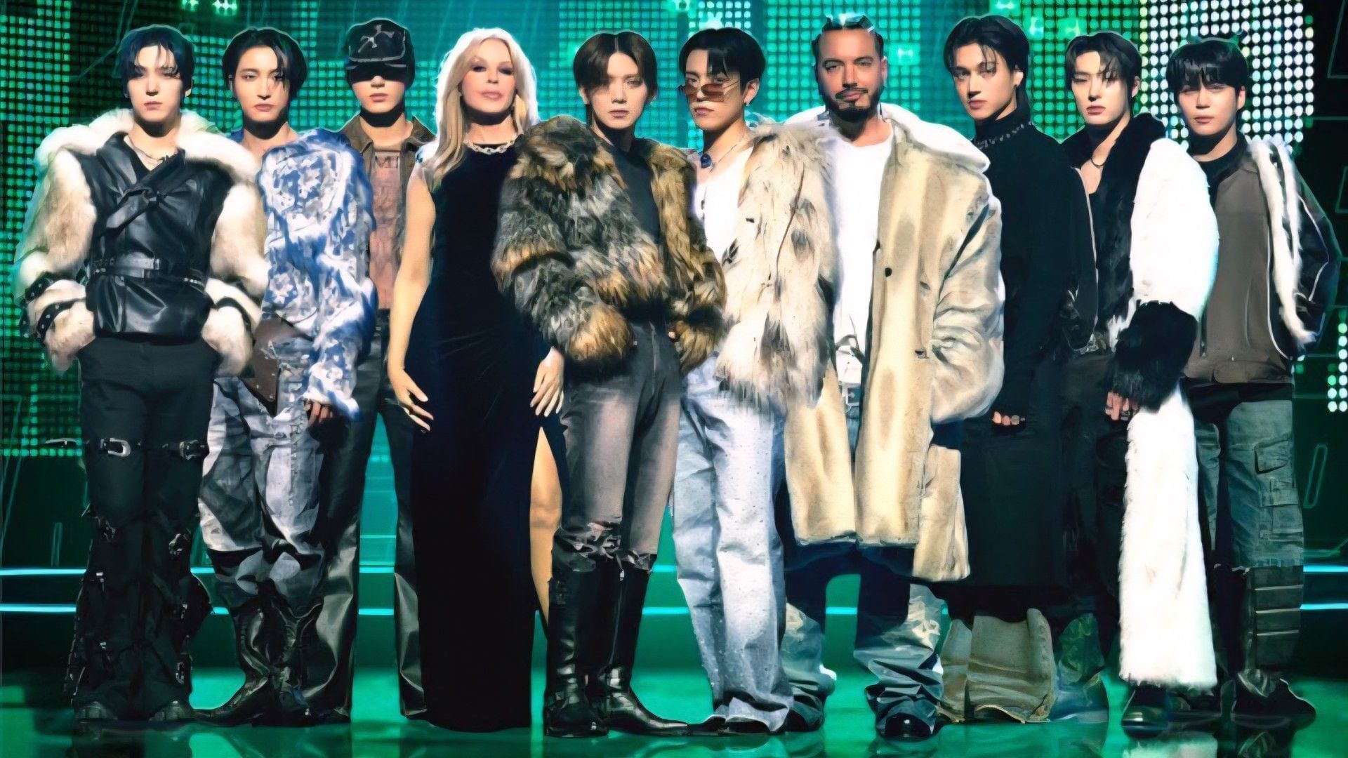 ATEEZ with Kylie Minogue and J Balvin (Image via Apple Tv)