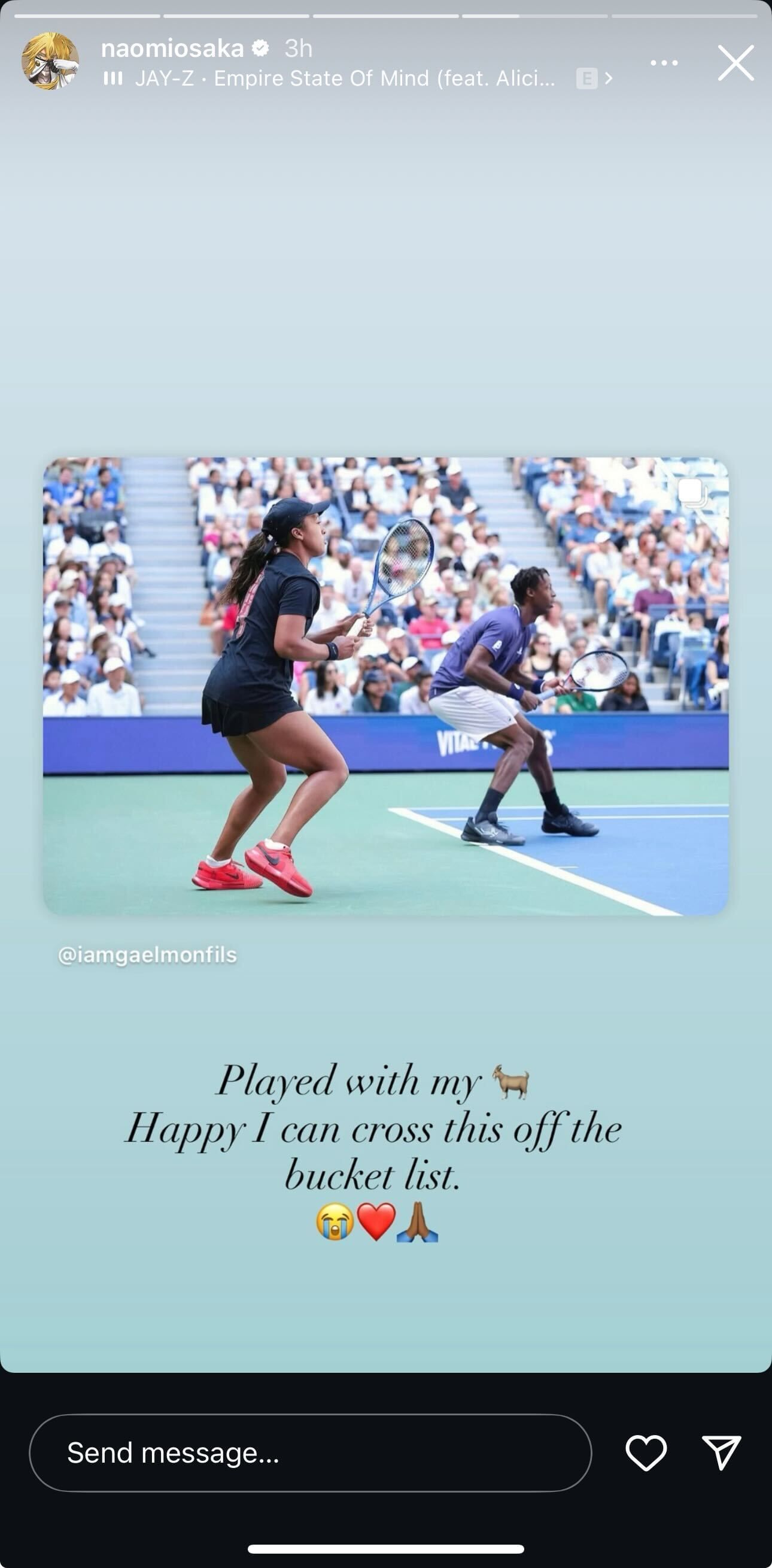 Naomi Osaka sends a heartfelt message to Gael Monfils, calling him &quot;My GOAT&quot;, (Source: Instagram)