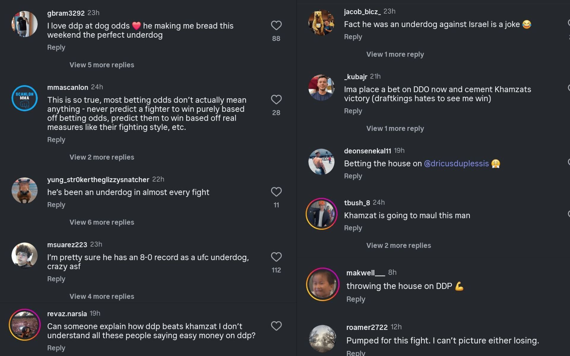 Fans&#039; reactions to Dricus du Plessis being the underdog against Khamzat Chimaev. [Screenshots courtesy: @verdictmma on Instagram]