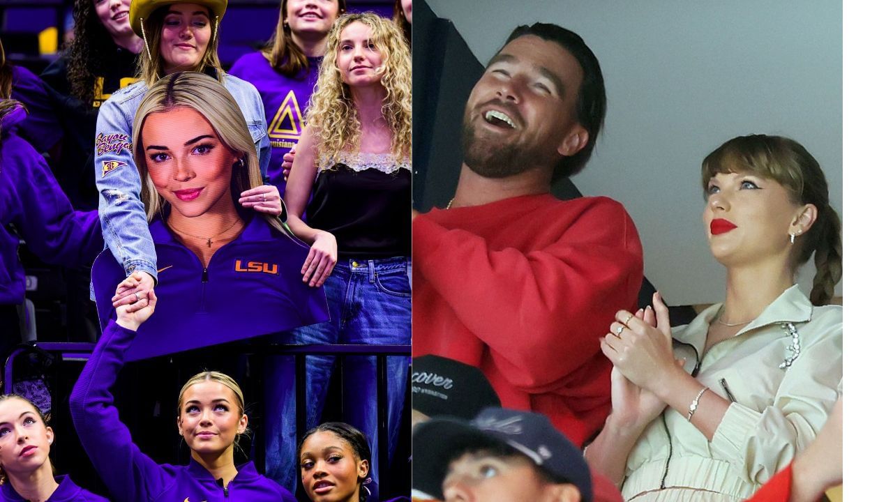 Olivia Dunne with Julz and Taylor Swift with Travis Kelce (Image via: Both Getty)