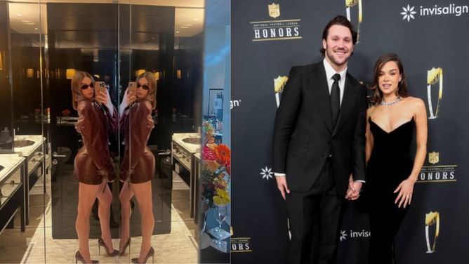Josh Allen’s wife Hailee Steinfeld shows off chocolate brown leather outfit in double mirror selfie