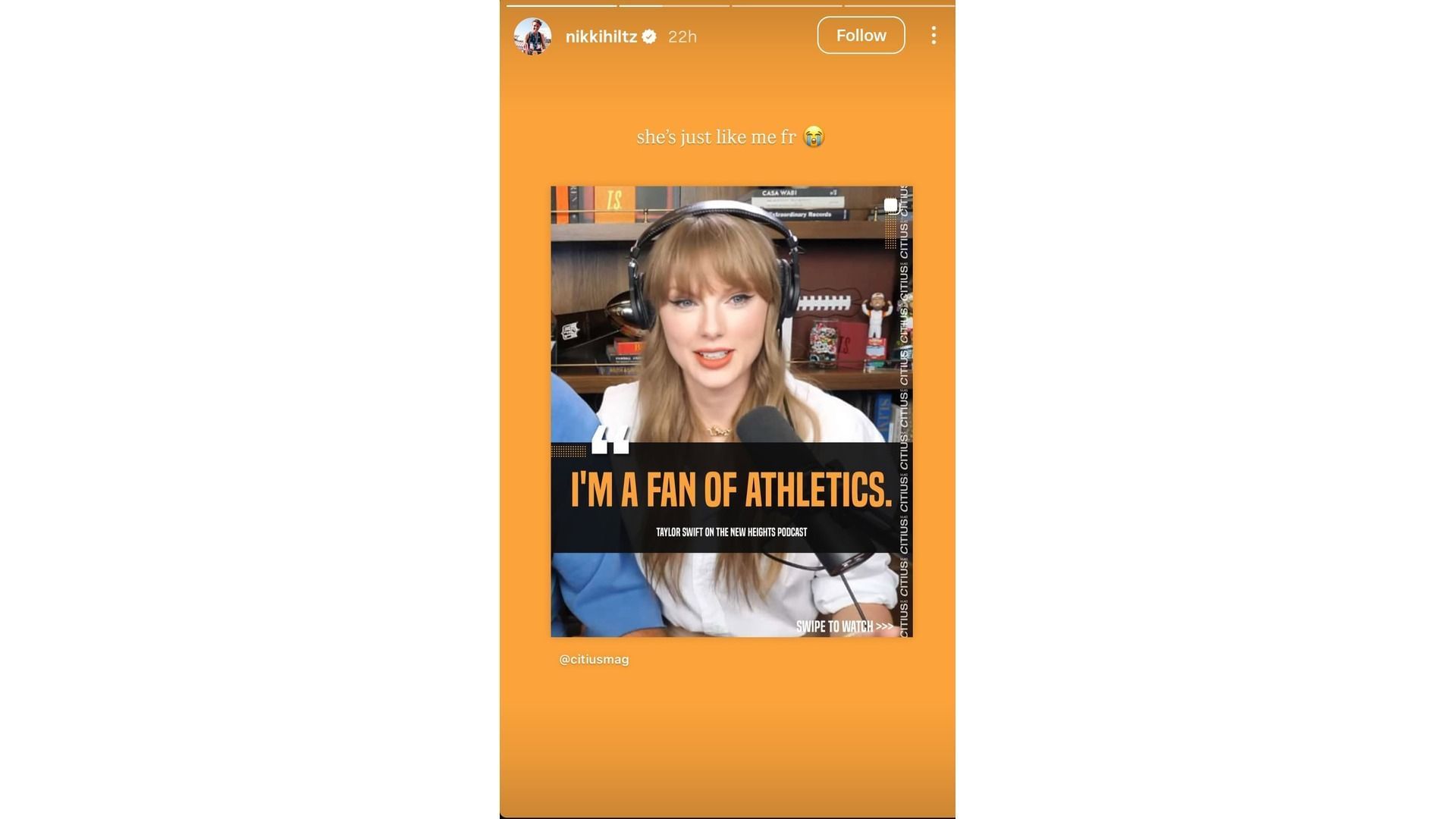 Screenshot of Hiltz&#039;s Instagram story reacting to Taylor Swift&#039;s revelation about athletics (Image via: @nikkihiltz)