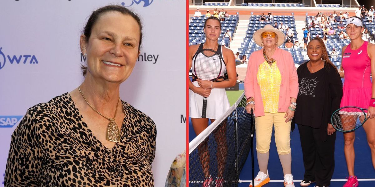 Pam Shriver (left, Source: Getty), Aryna Sabalenka, Ann Koger, Zina Garrison and Rebeka Masarova (right, Source: X/US Open Tennis)