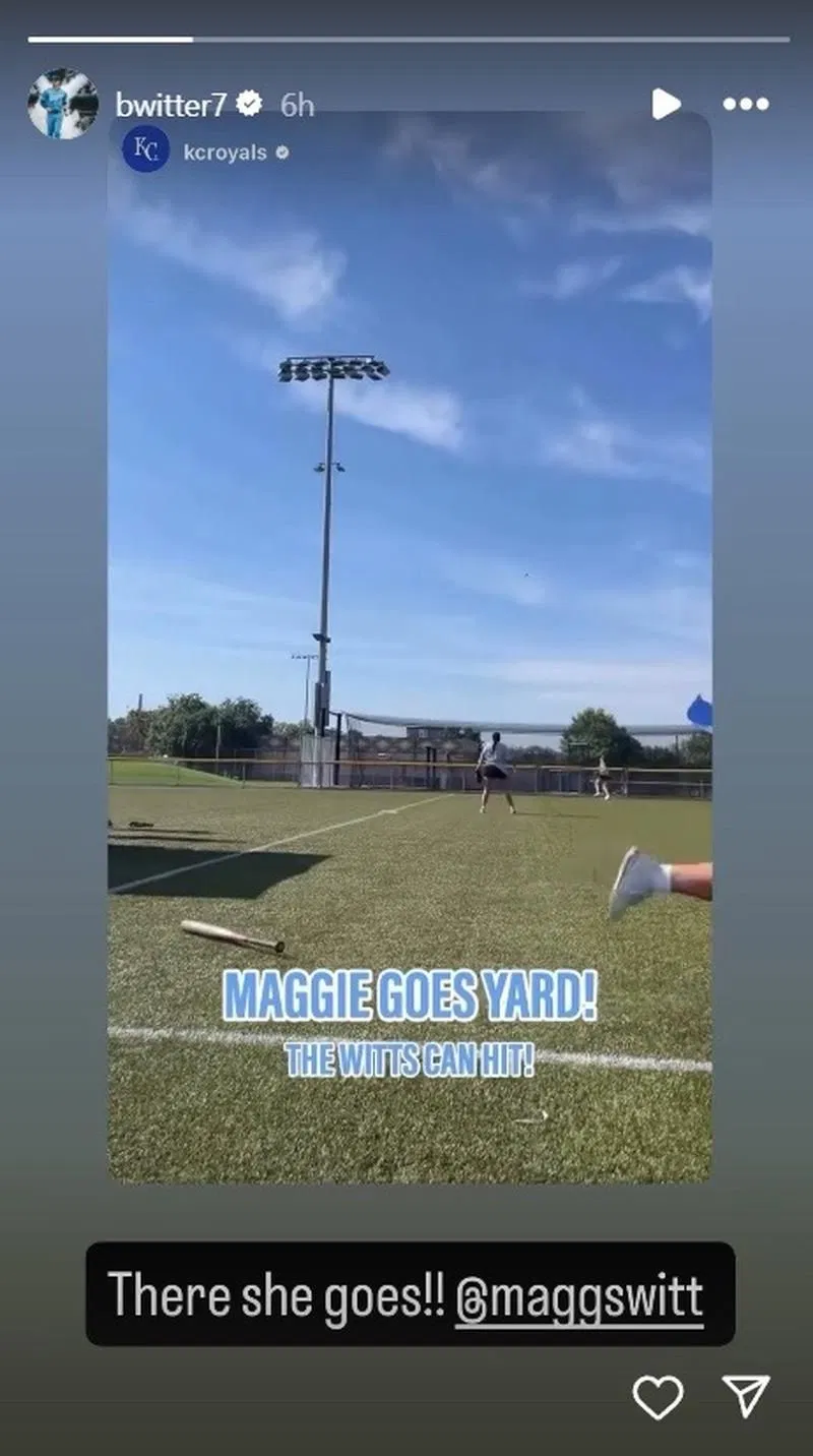 Bobby Witt Jr. gives a 3-word shoutout to wife Maggie&rsquo;s HR blast on Royals Youth Academy game day.(Via Instagram)