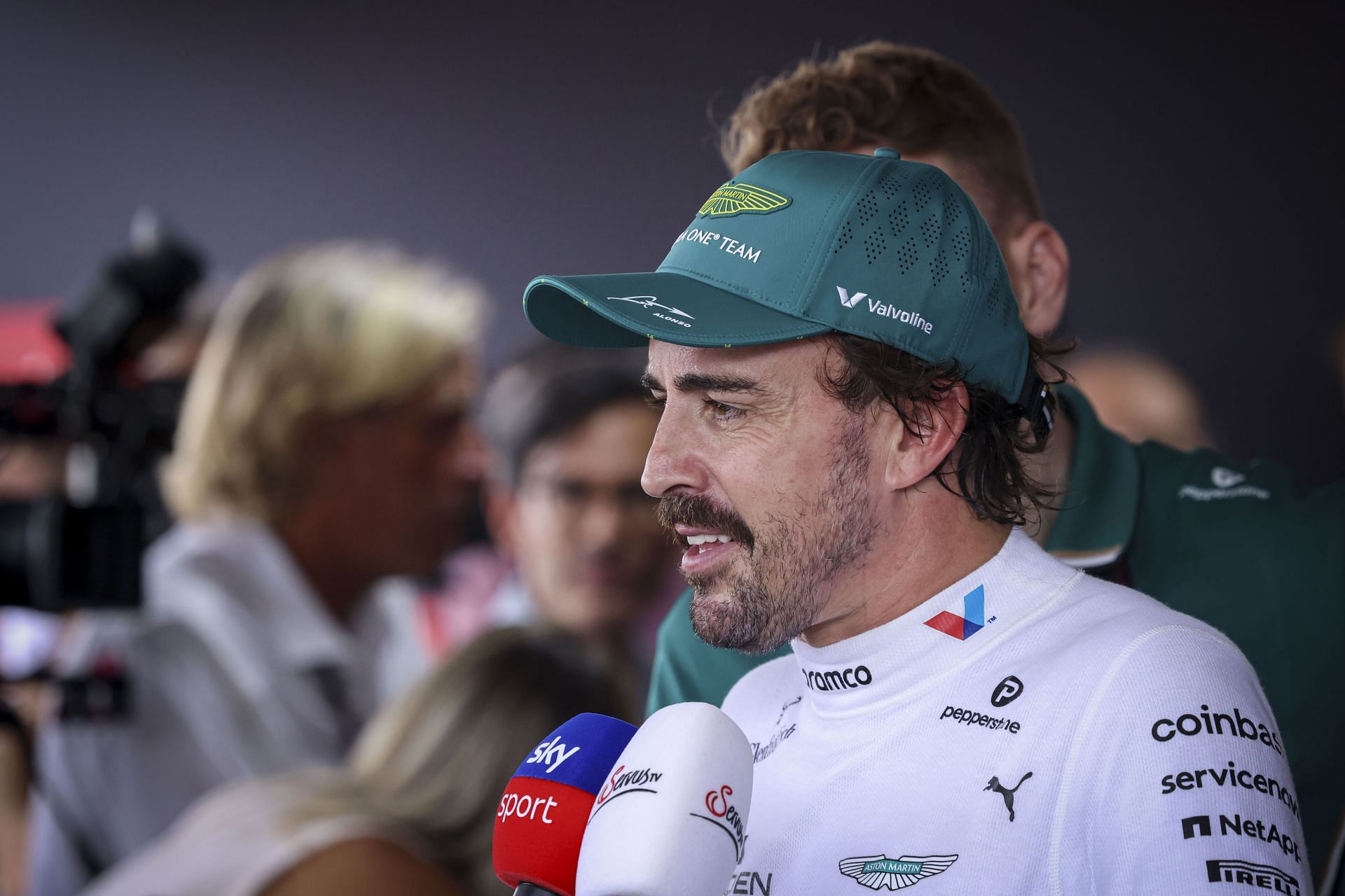 Fernando Alonso in the media pen following qualifying for the Hungarian Grand Prix - Source: Getty