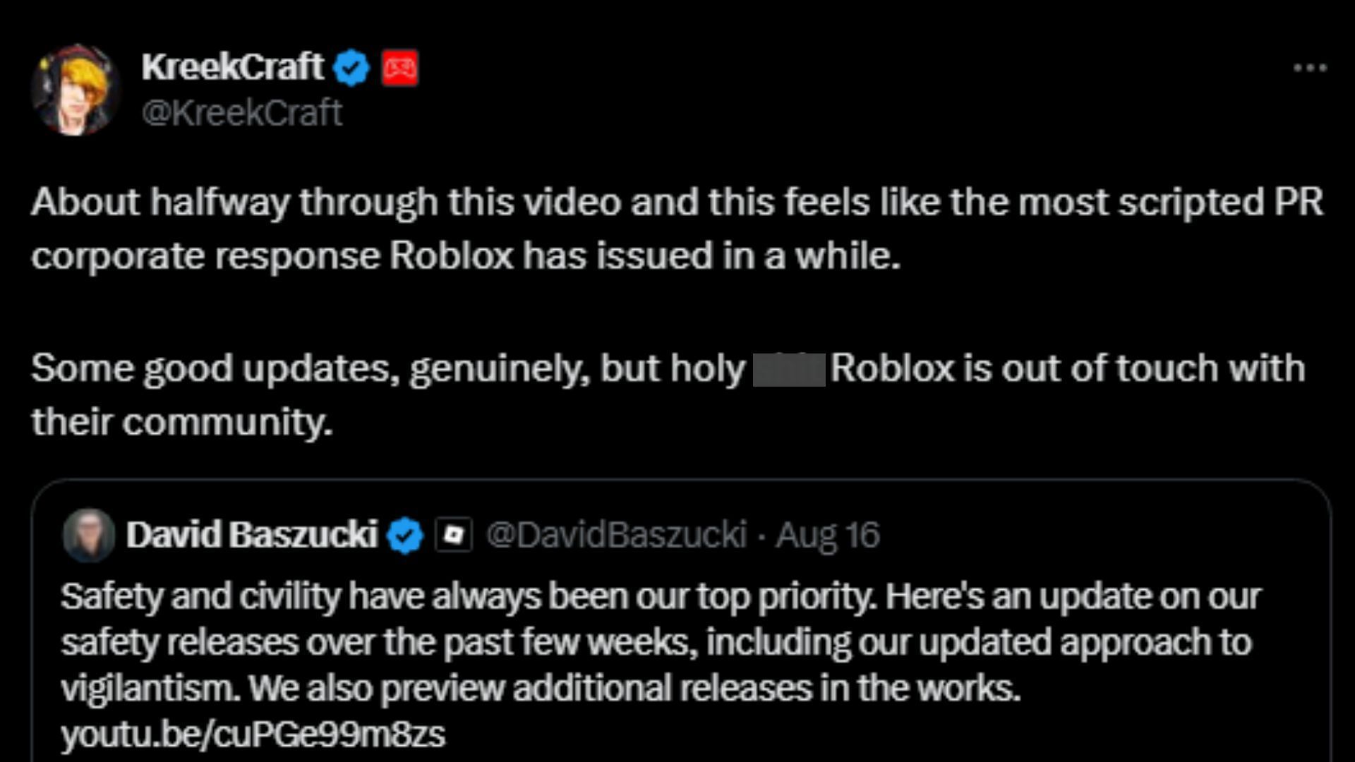 KreekCraft reacts to Roblox&#039;s safety initiatives (Image via X)