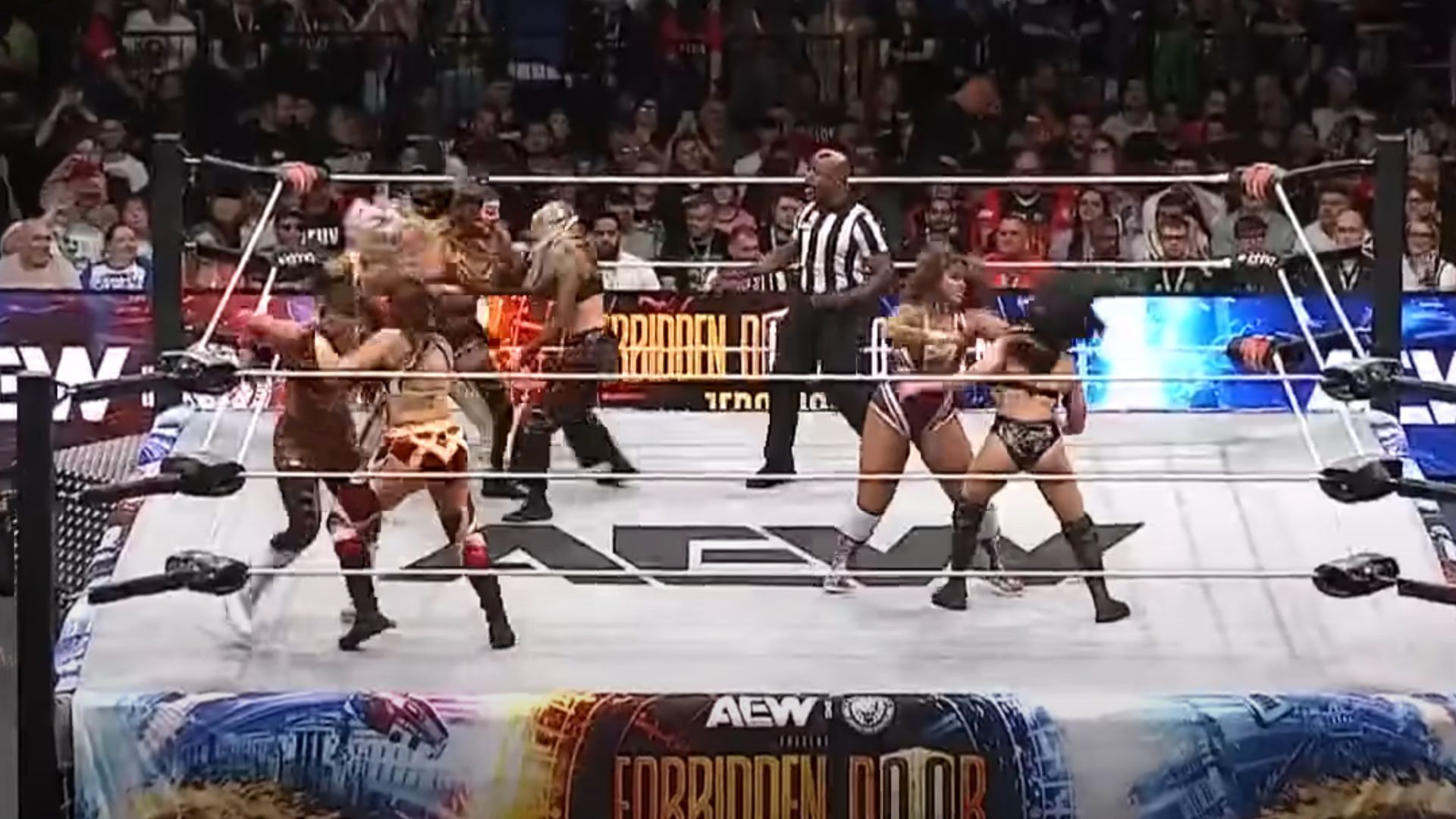 Megan Bayne and The Triangle of Madness battle Queen Aminata, Willow Nightingale, Kris Statlander, and Harley Cameron at Forbidden Door Zero Hour. [Image via AEW YouTube]