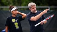 Naomi Osaka (left) and Tomasz Wiktorowski (right) during a practice session at the 2025 National Bank Open in Montreal (Source: Getty)