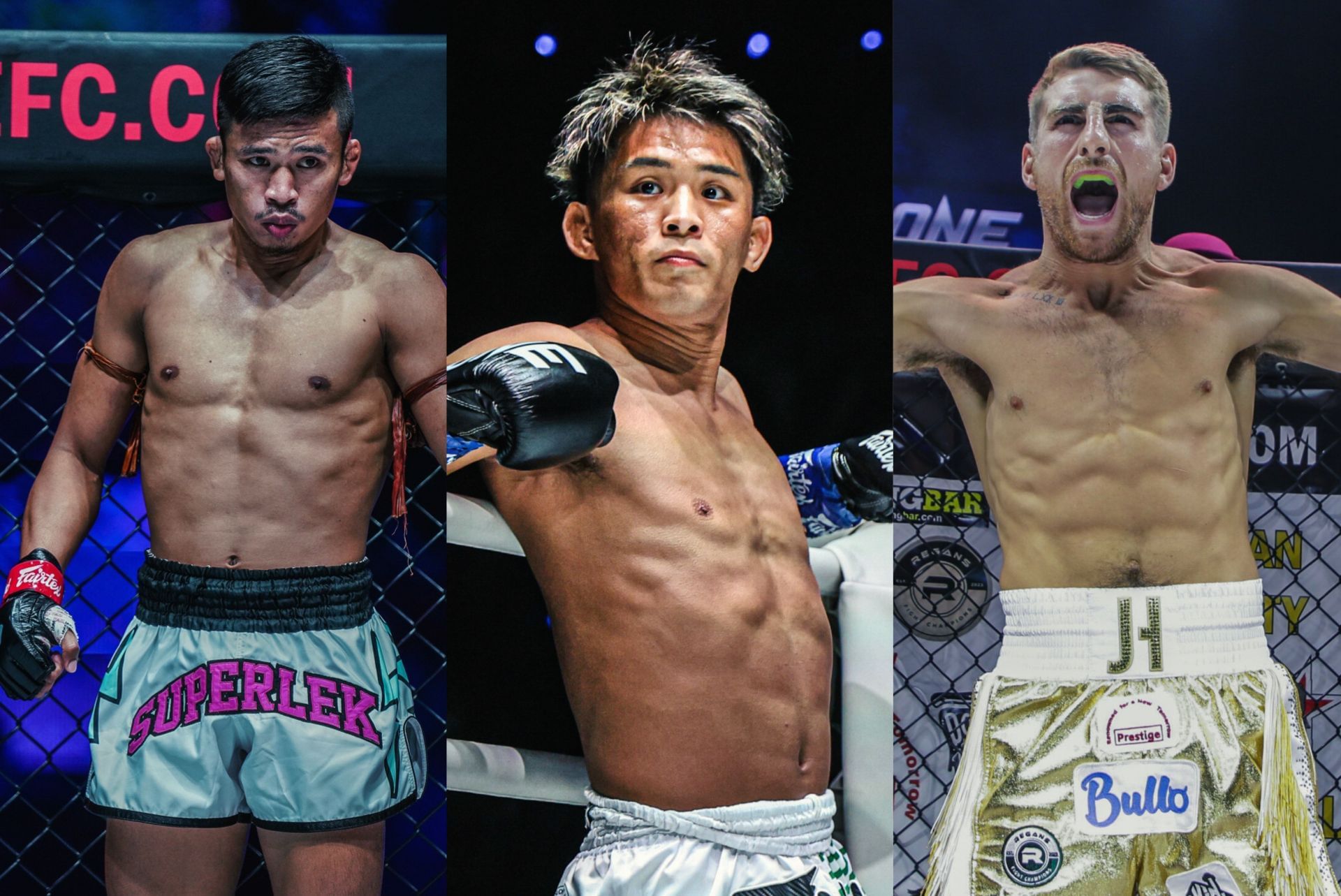 (From left) Superlek Kiatmoo9, Yuki Yoza, and Jonathan Haggerty. [Images from ONE Championship]