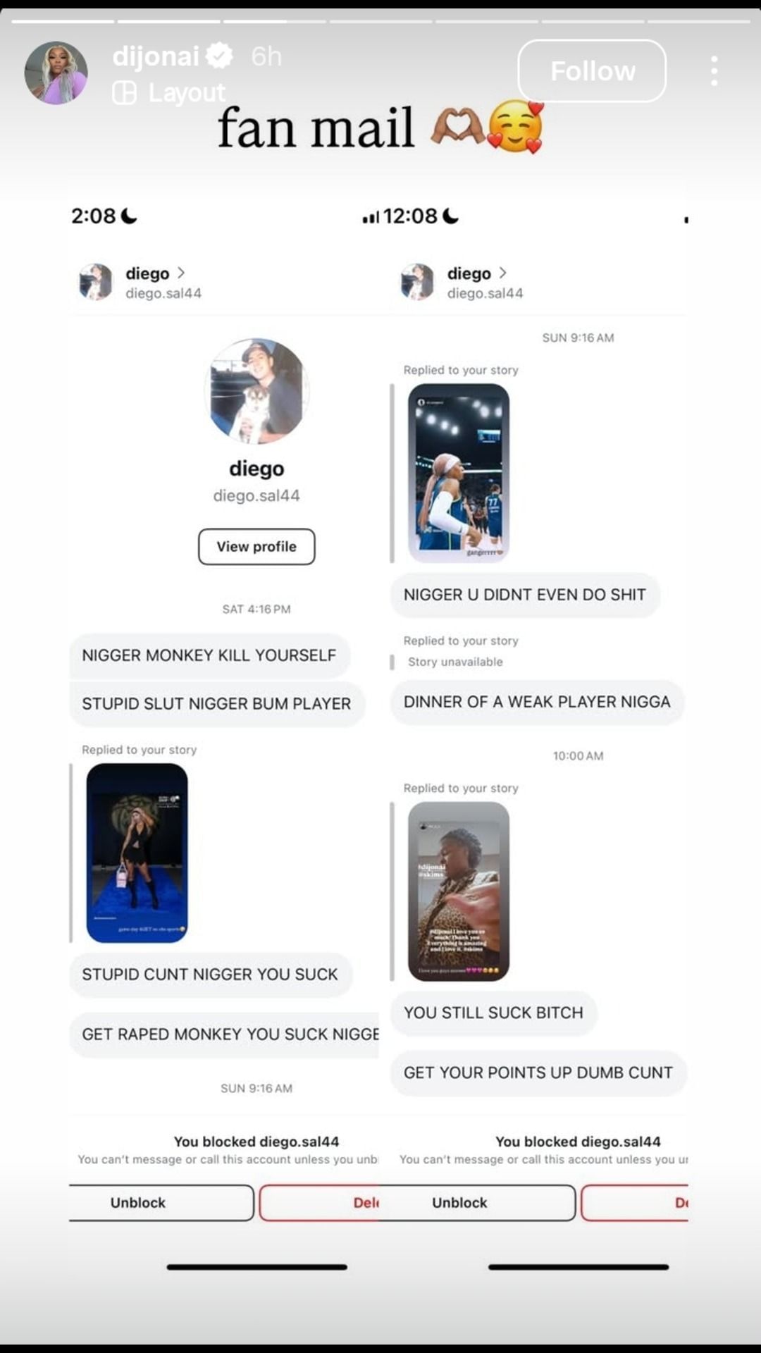 DiJonai Carrington shares an Instagram story showing screenshots of hate speech from an online user. Credit: Carrington/IG