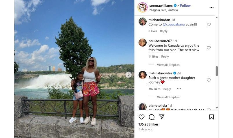 Screenshot of Serena Williams&#039; Instagram post featuring Tina Knowles&#039; comment | Source: IG/serenawilliams