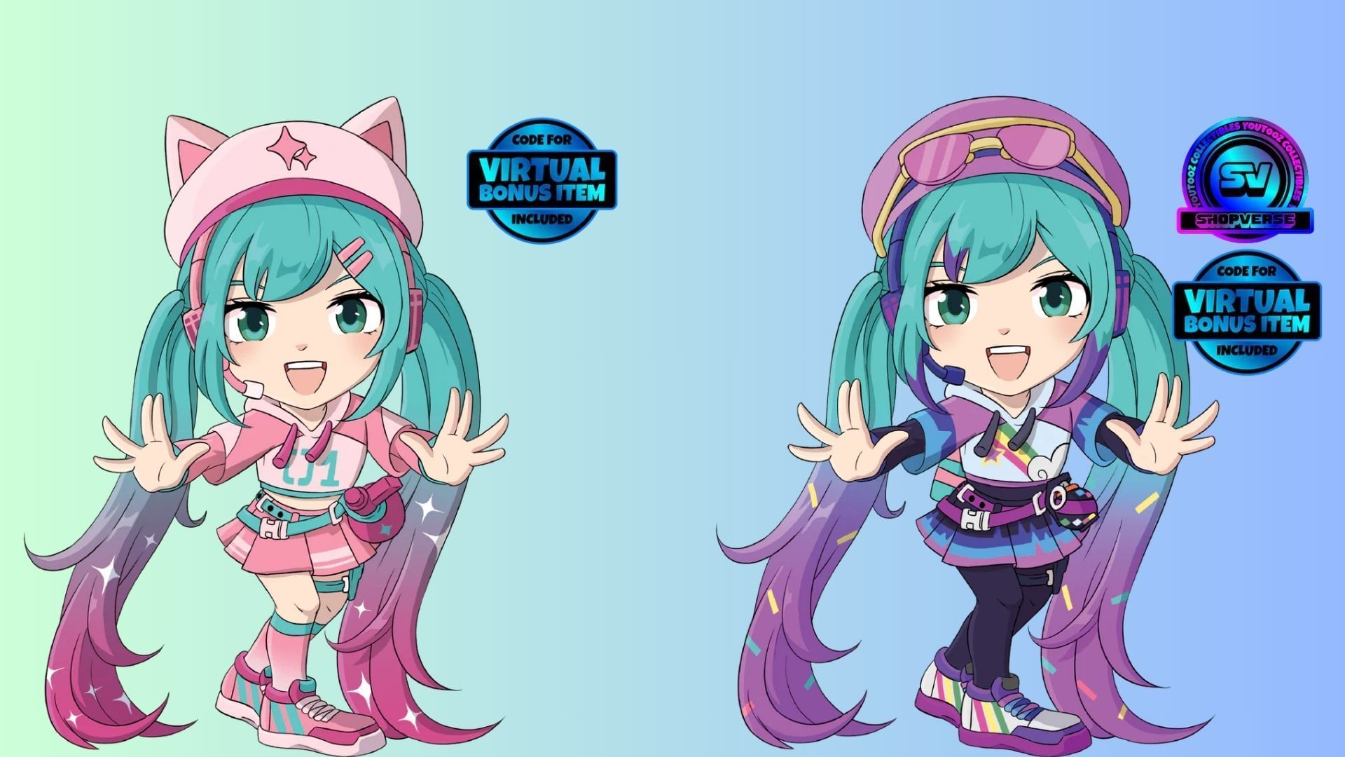 The Fortnite Hatsune Miku x Youtooz collab features the two Outfit variants seen in the game (Image via YouTooz)