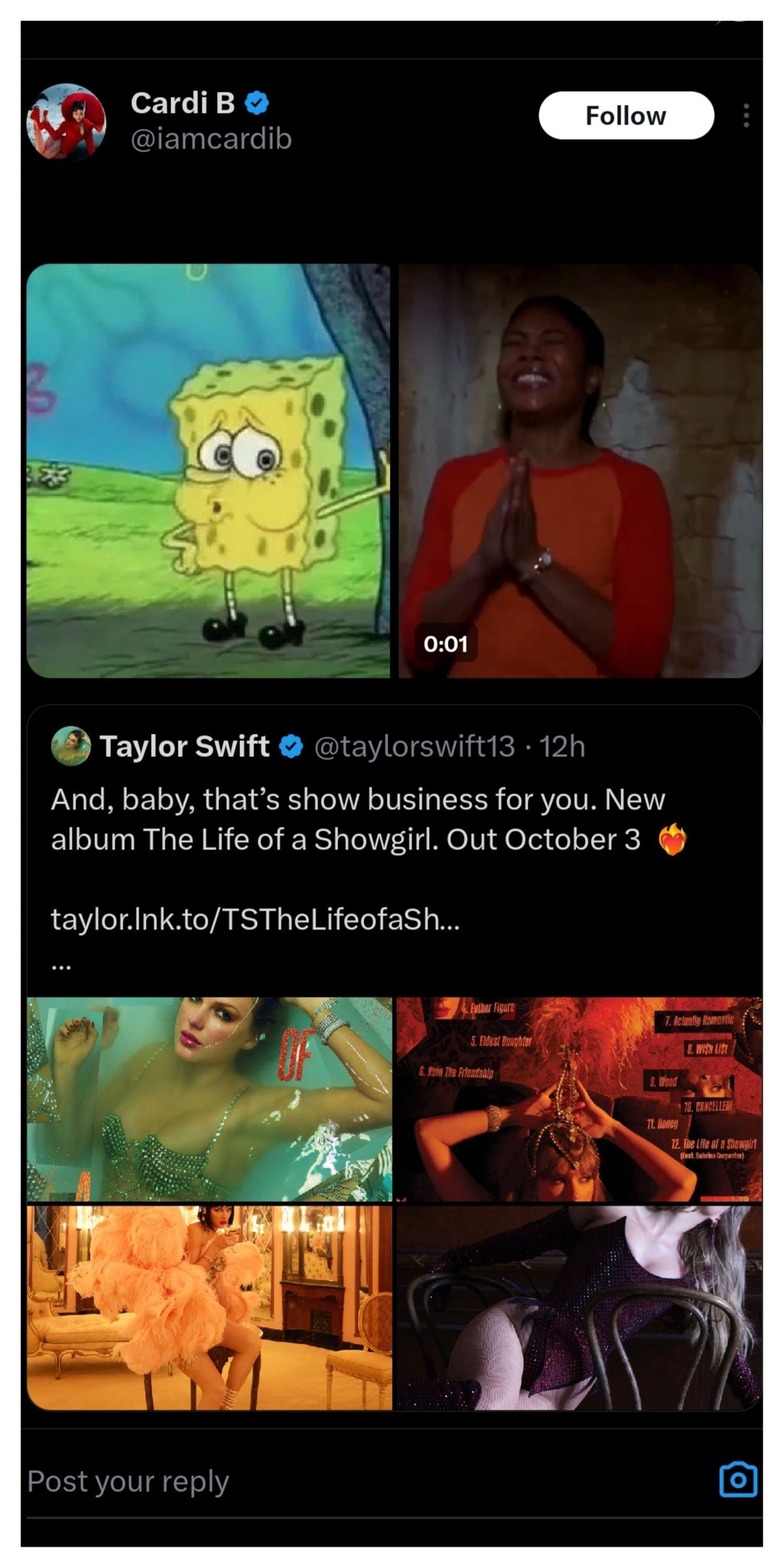 Cardi B reacted to Taylor Swift&#039;s upcoming album (Photo via X/@iamcardib)