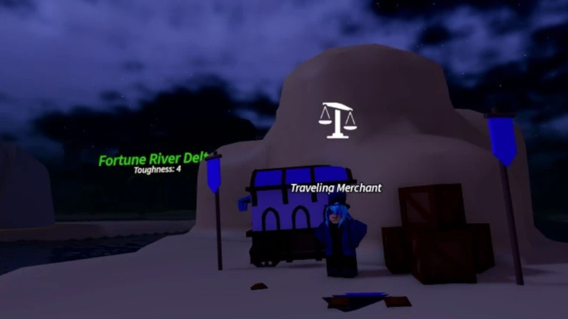 The Traveling Merchant can spawn near the Fortune River Delta (Image via Roblox)