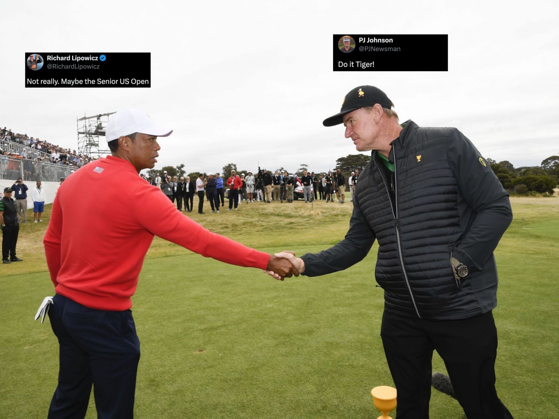 Tiger Woods and Ernie Els (Image via Getty, x@RichardLipowicz, x@PJNewsman)