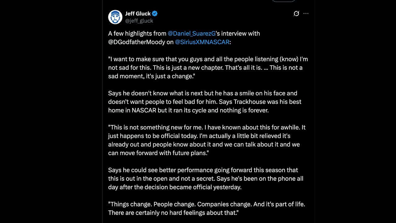Daniel Suarez&#039;s comments on his Trackhouse exit. Source:@X/jeff_gluck