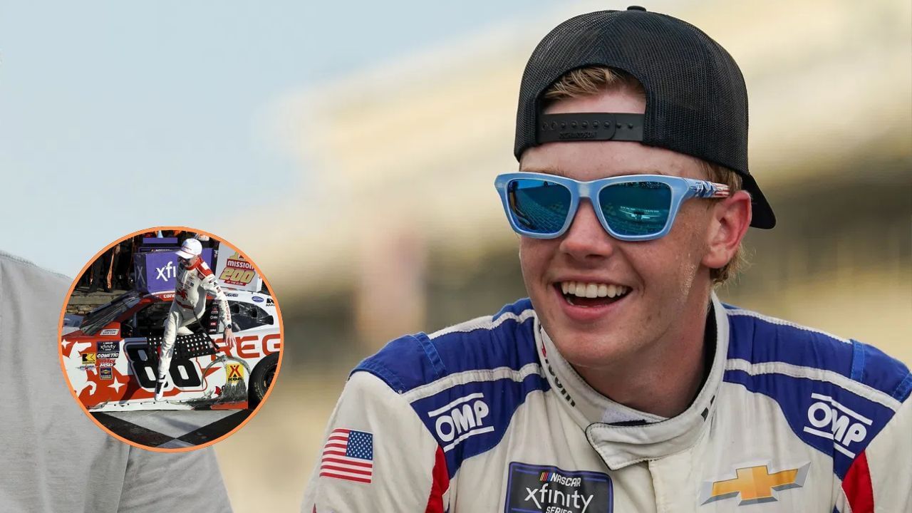 Connor Zilisch reacts to his fall at Watkins Glen victory lane. Images via Imagn. 