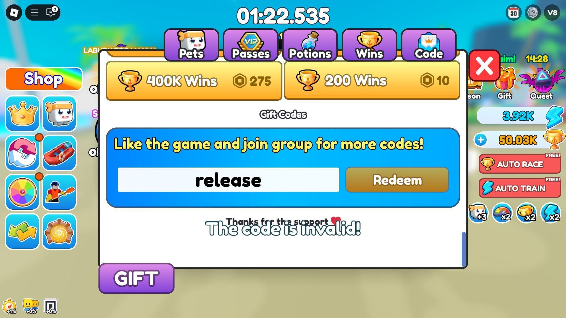 Troubleshooting codes for Kayak Racing (Image via Roblox)