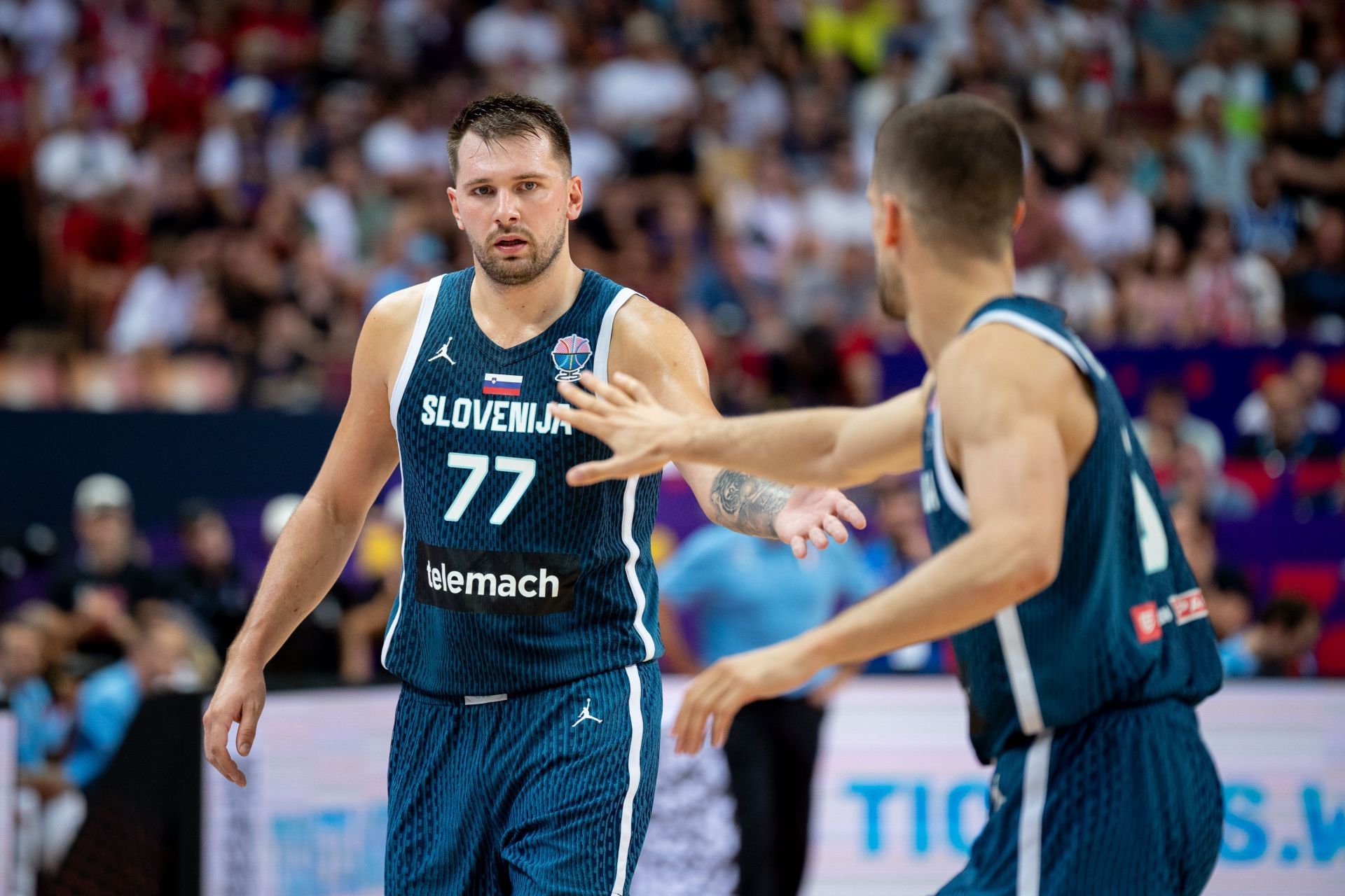 Luka Doncic plays during the FIBA EuroBasket match between France and Slovenia in Katowice, Poland, on August 30, 2025, as part of the European Basketball Championship game, group phase, Group D competition in Spodek Arena. (Photo by Marcin Golba/NurPhoto via Getty Images)