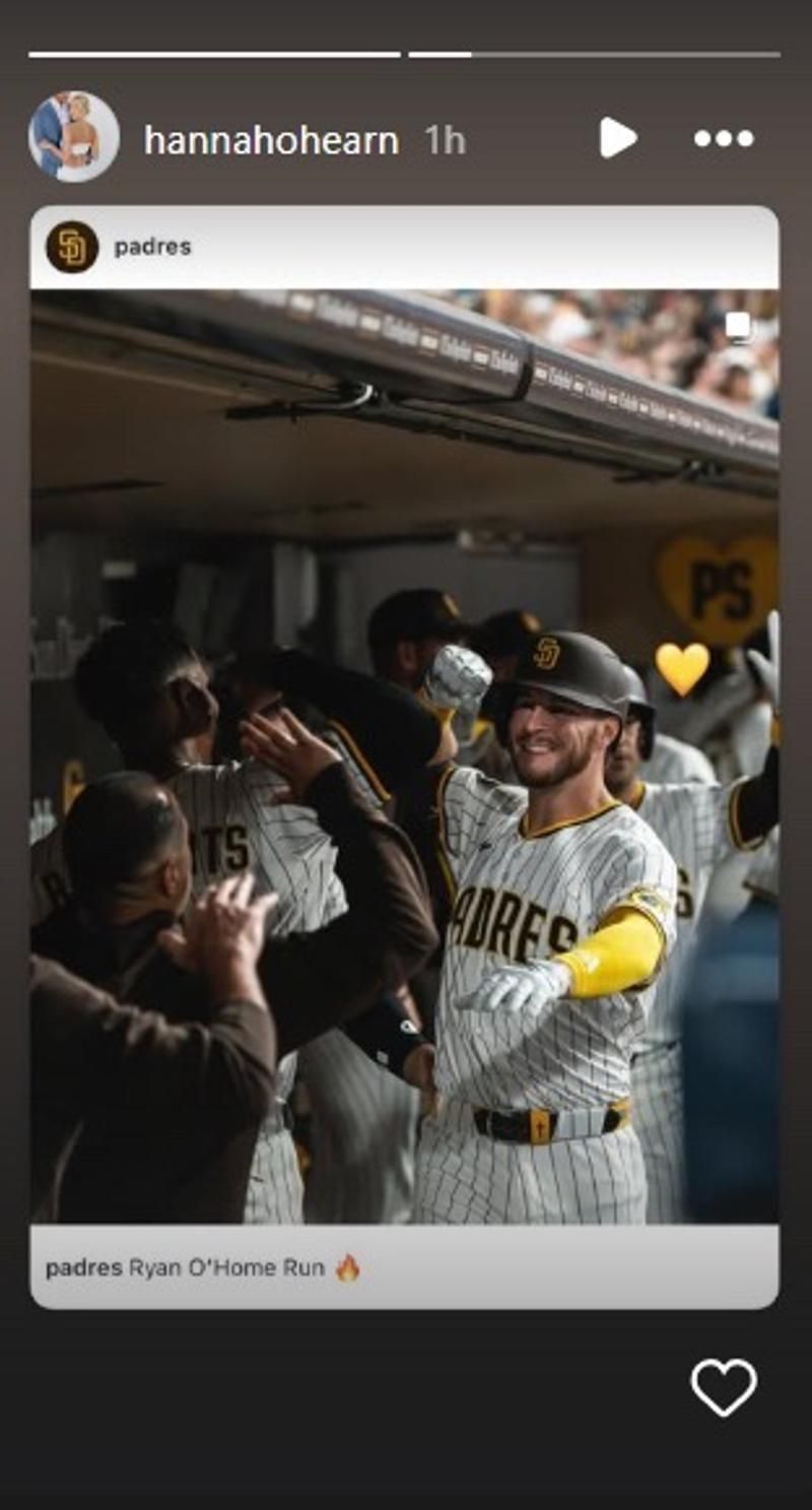 O&rsquo;Hearn&#039;s wife, Hannah, shared a story on her social media account celebrating his homer. (via Instagram)