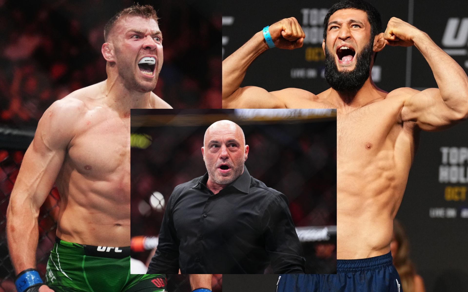 Joe Rogan (inset) previews Dricus du Plessis (left) vs. Khamzat Chimaev (right) clash. [Images courtesy: Getty]