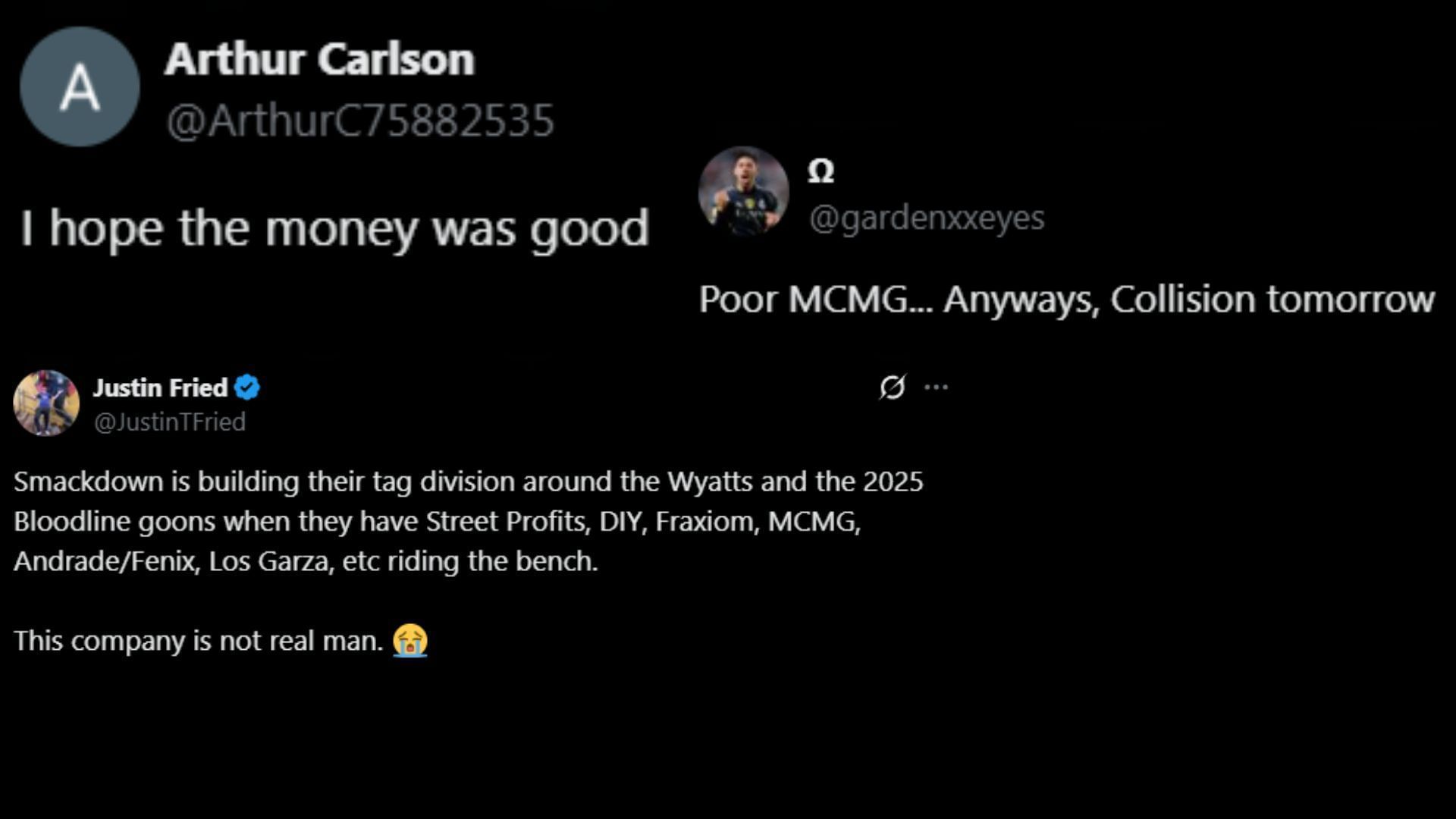 Fans react to MCMG&#039;s loss on SmackDown. (Images via WrestlePurists&#039; X)