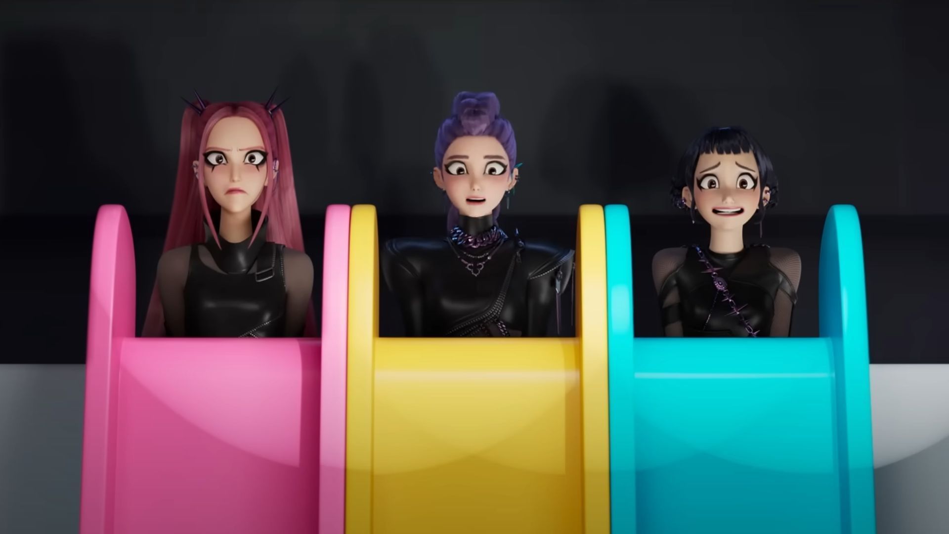 The trio in leather outfits (Image via YouTube/Netflix Family)