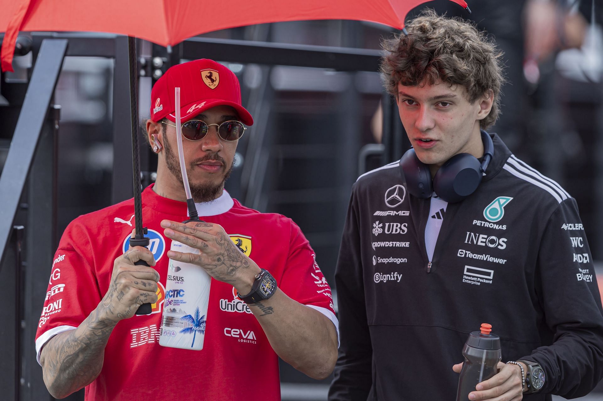 Lewis Hamilton with Kimi Antonelli at the Hungarian Grand Prix - Source: Getty