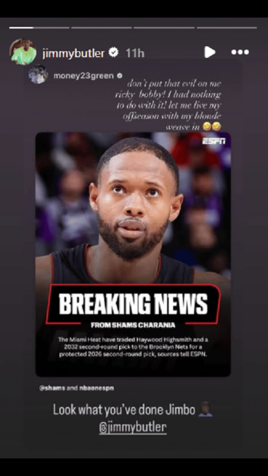 Jimmy Butler responds to a comment posted by Draymond Green regarding a recent Miami Heat trade. Credit: Butler/IG