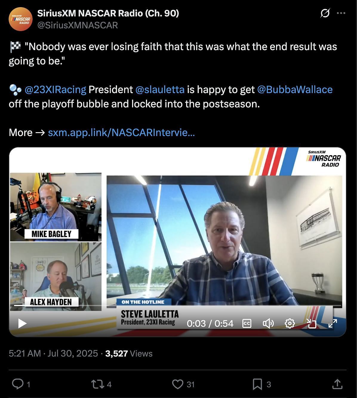 23XI Racing President Steve Lauletta comments on Bubba Wallace&#039;s Brickyard win. Source: @X/ SiriusXM NASCAR Radio