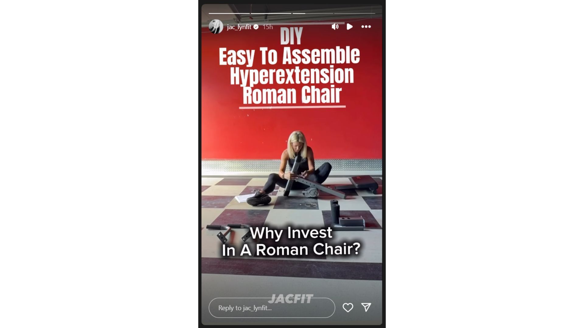 Jaclyn Cordeiro&#039;s Instagram story showing her building a Roman Chair from scratch (Source: Instagram @jac_lynfit)