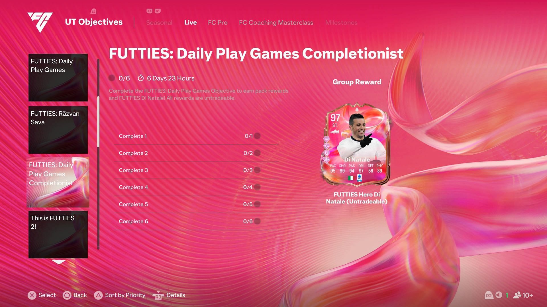 Challenges for the EA FC 25 Futties: Daily Play Games Completionist (Antonio Di Natale) (Image via EA Sports/ SK Gaming)