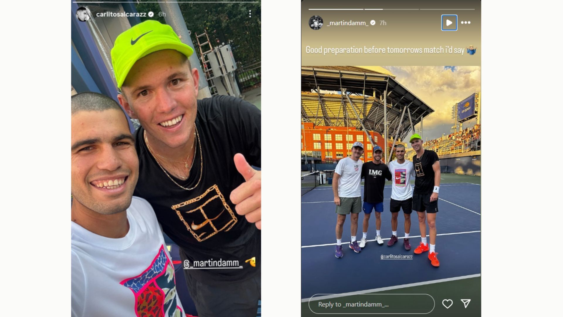 Carlos Alcaraz and Martin Damm's Instagram Stories