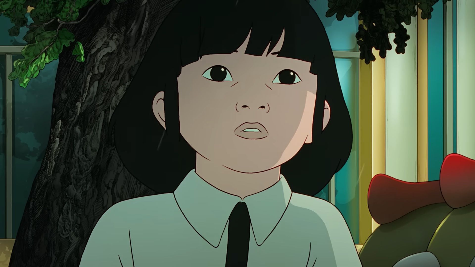 A close-up of a girl in a white shirt and tie looking ahead with concern, standing near a tree.