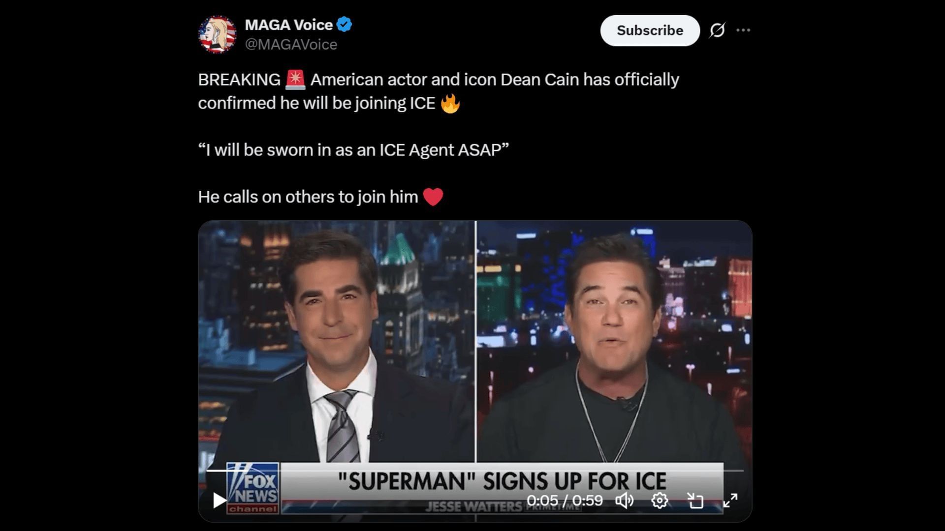 Dean Cain shared he was joining ICE during his Fox News appearance. (Image via X)
